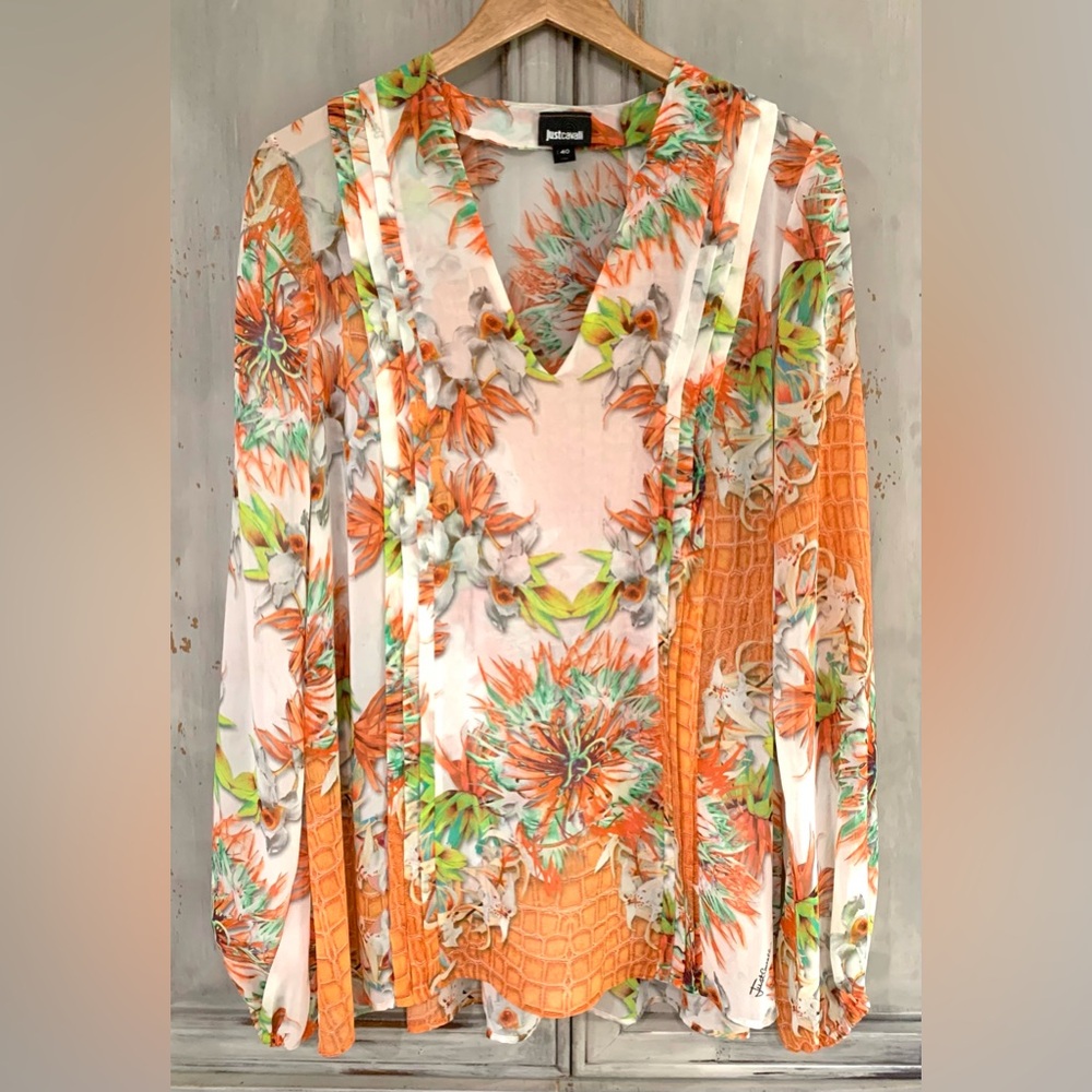 Just Cavalli Floral Chiffon Blouse Sz 40 Made In Italy